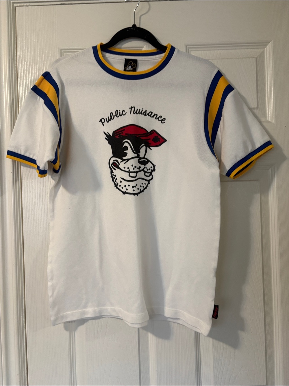Men’s Disney White Graphic Ringer Tee with Blue & Yellow Trim